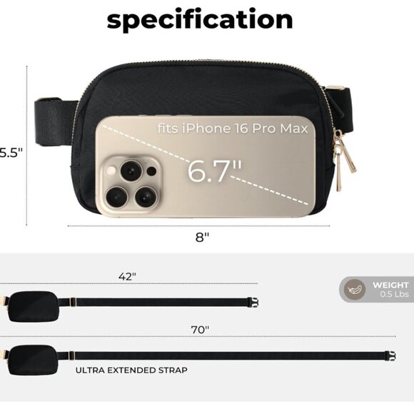 NWT! Plus Size Black Belt Bag Fanny Pack Crossbody Adjustable Strap 40-70" waist - Picture 5 of 16